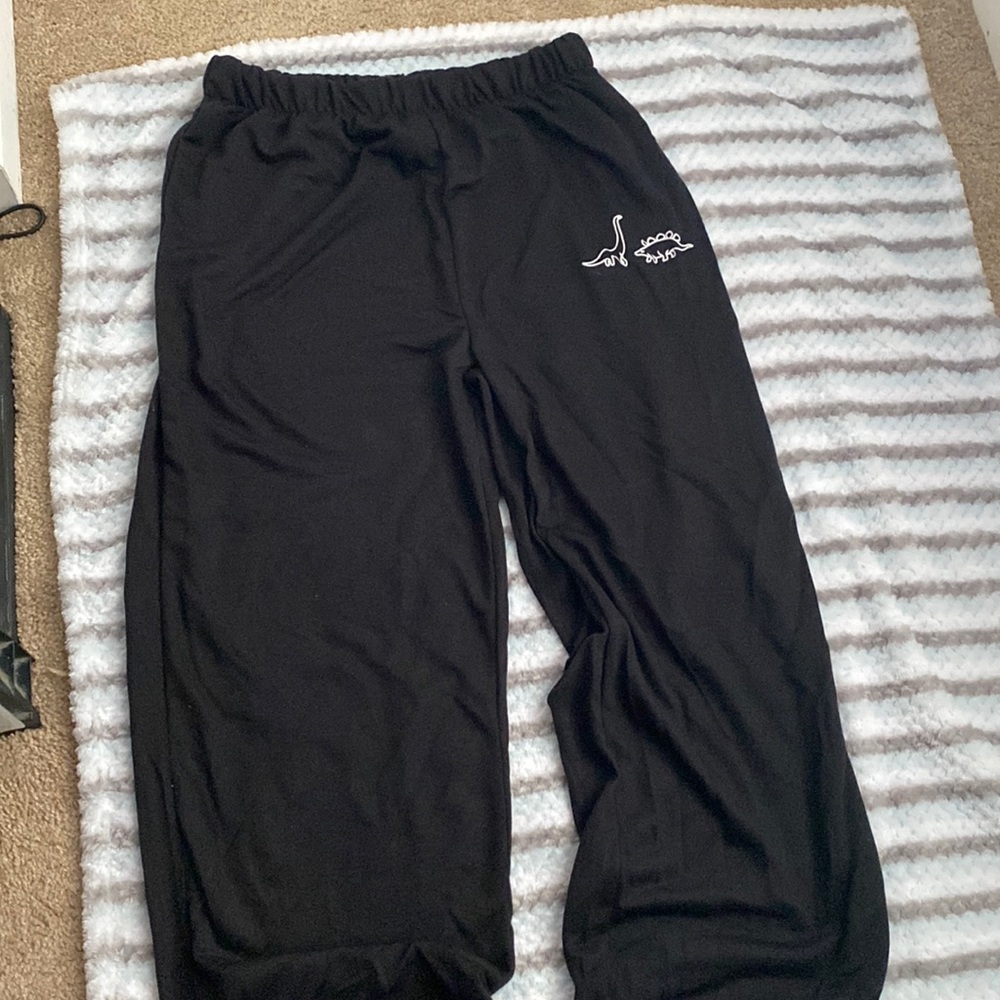 Black sweats with dinosaurs on the left upper leg area
